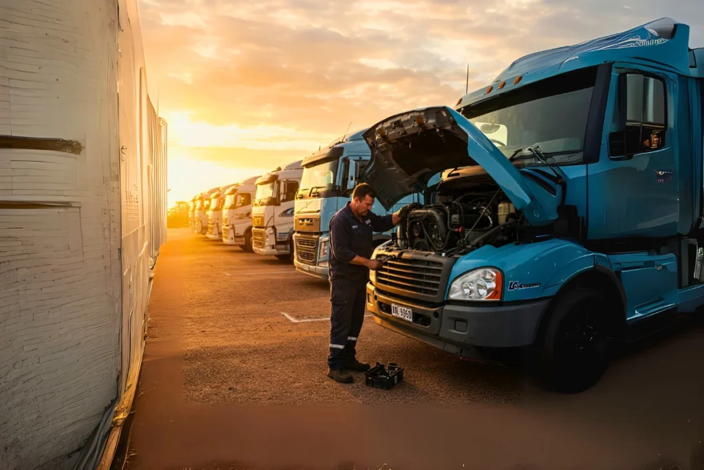 A fleet of commercial trucks in motion, emphasizing the importance of proactive maintenance for reliability and efficiency