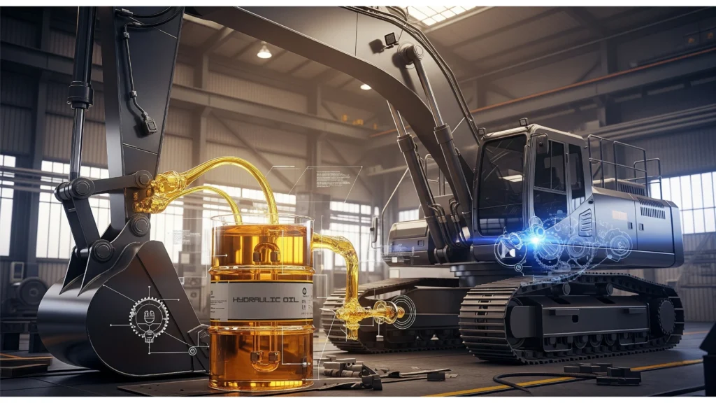 Hi-Tec Oils hydraulic oil powering heavy-duty machinery on an industrial construction site