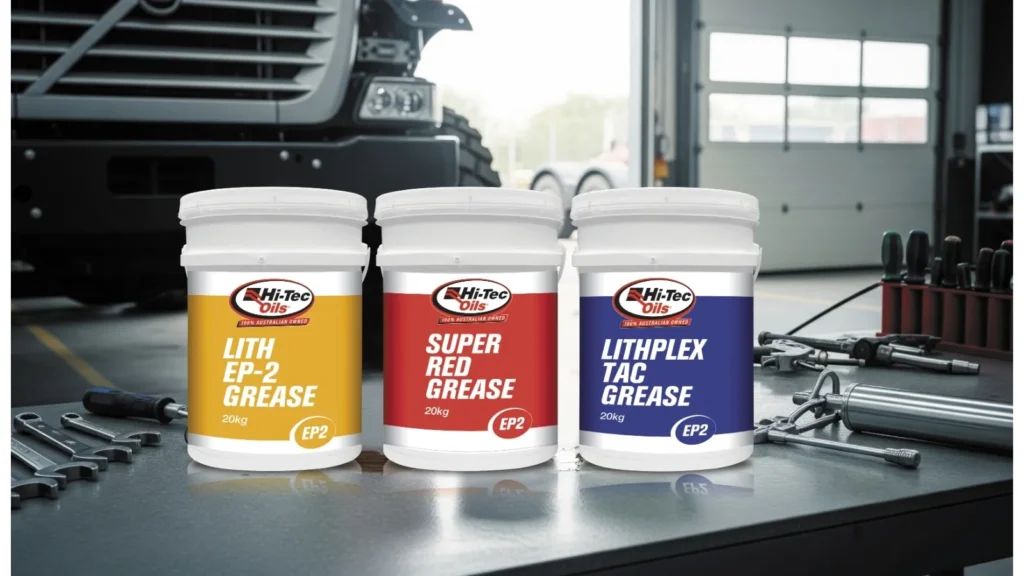 Hi-Tec Oils grease products displayed in an industrial workshop setting