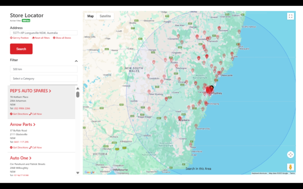 Hi-Tec Oils store locator showing locations across Australia with interactive map