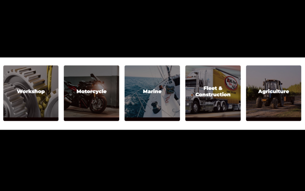 Industry-specific navigation on Hi-Tec Oils website for construction, workshops, marine, agriculture and transport