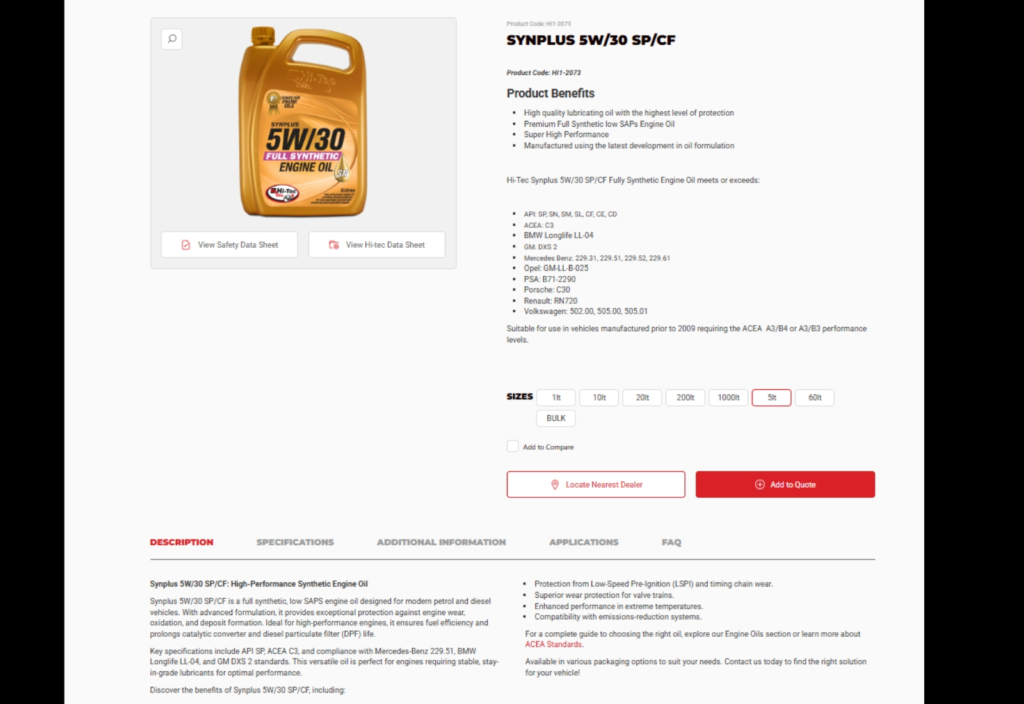 Redesigned Hi-Tec Oils product page with packaging options, specifications and enquiry features