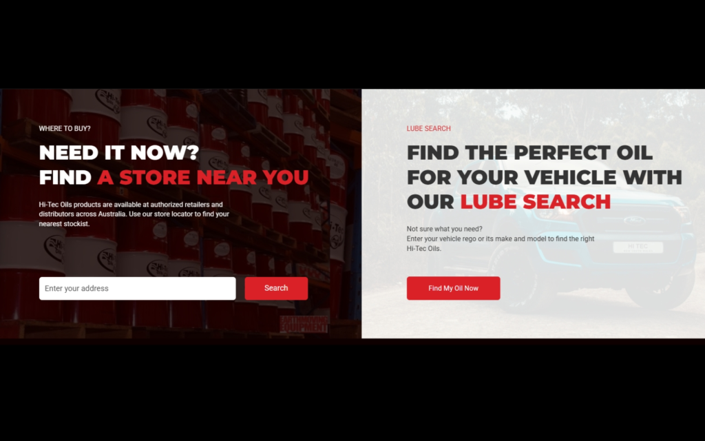 “Homepage of Hi-Tec Oils website showing LubeSearch, store locator and customer tools”