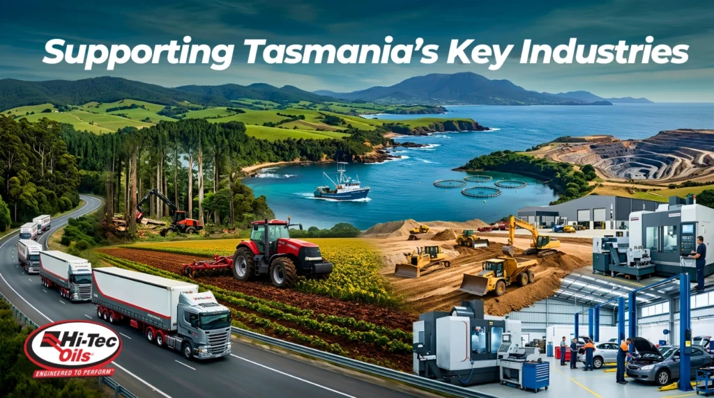 Collage of Tasmania industries supported by Hi-Tec Oils including transport, agriculture, forestry, marine, construction, mining, automotive workshops and industrial operations
