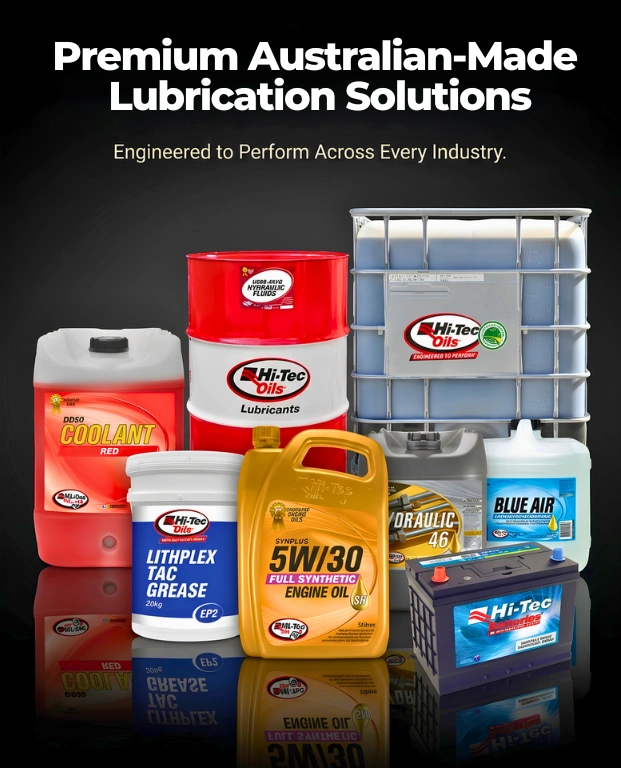 Hi-Tec Oils product range including lubricants, hydraulic oils, greases, coolants, AdBlue and batteries displayed as a premium industrial product lineup representing applications across transport, agriculture, marine and construction industries
